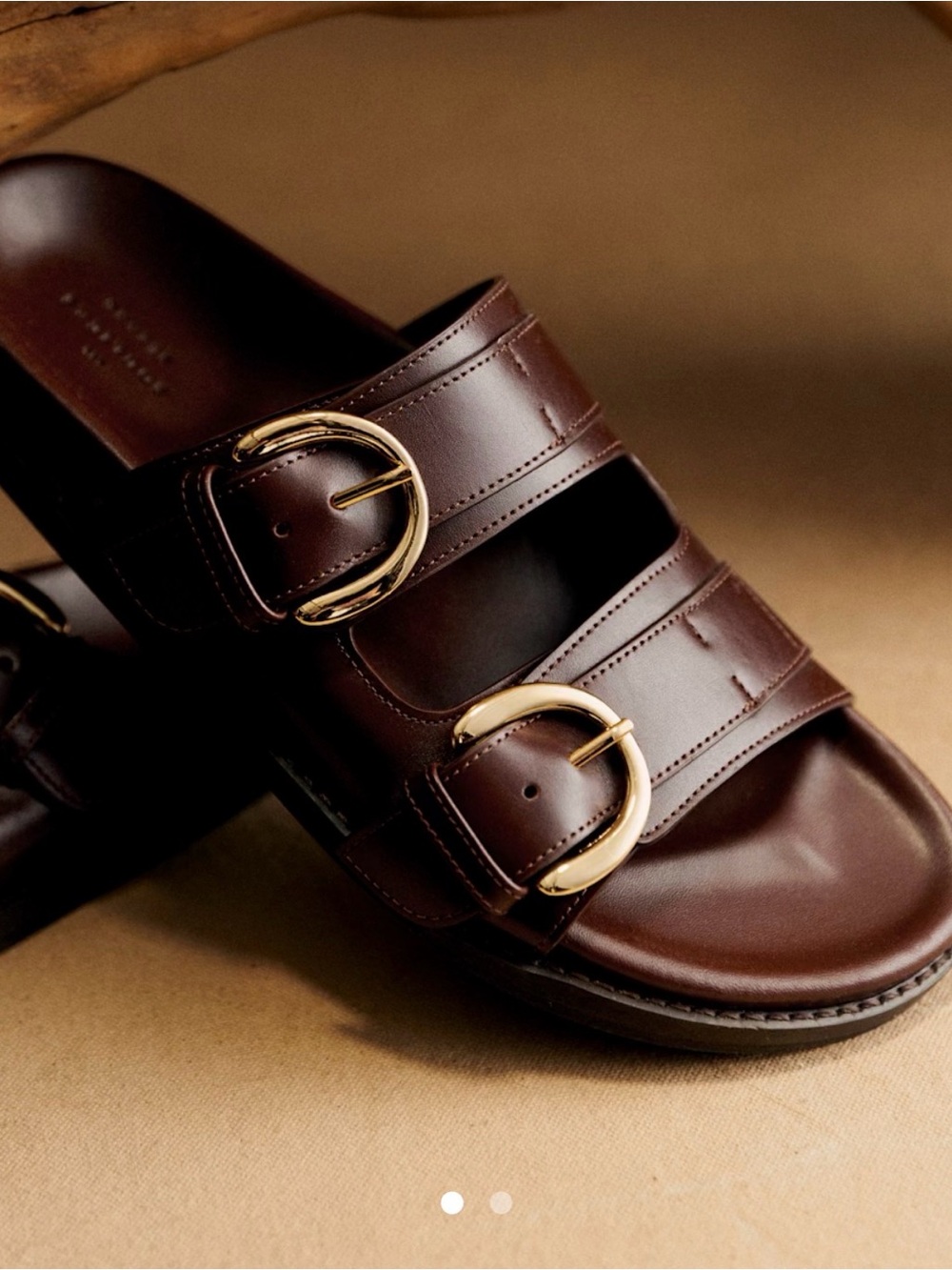 Sézane Lenny Low Mules - Brown Leather Double-Buckle Slide Sandals